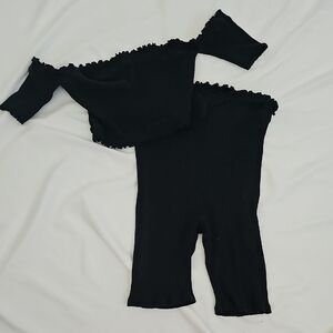 Fashion NOVA Black Off-Shoulder Ruffle Crop Top & High-Waist Knit Pants Set